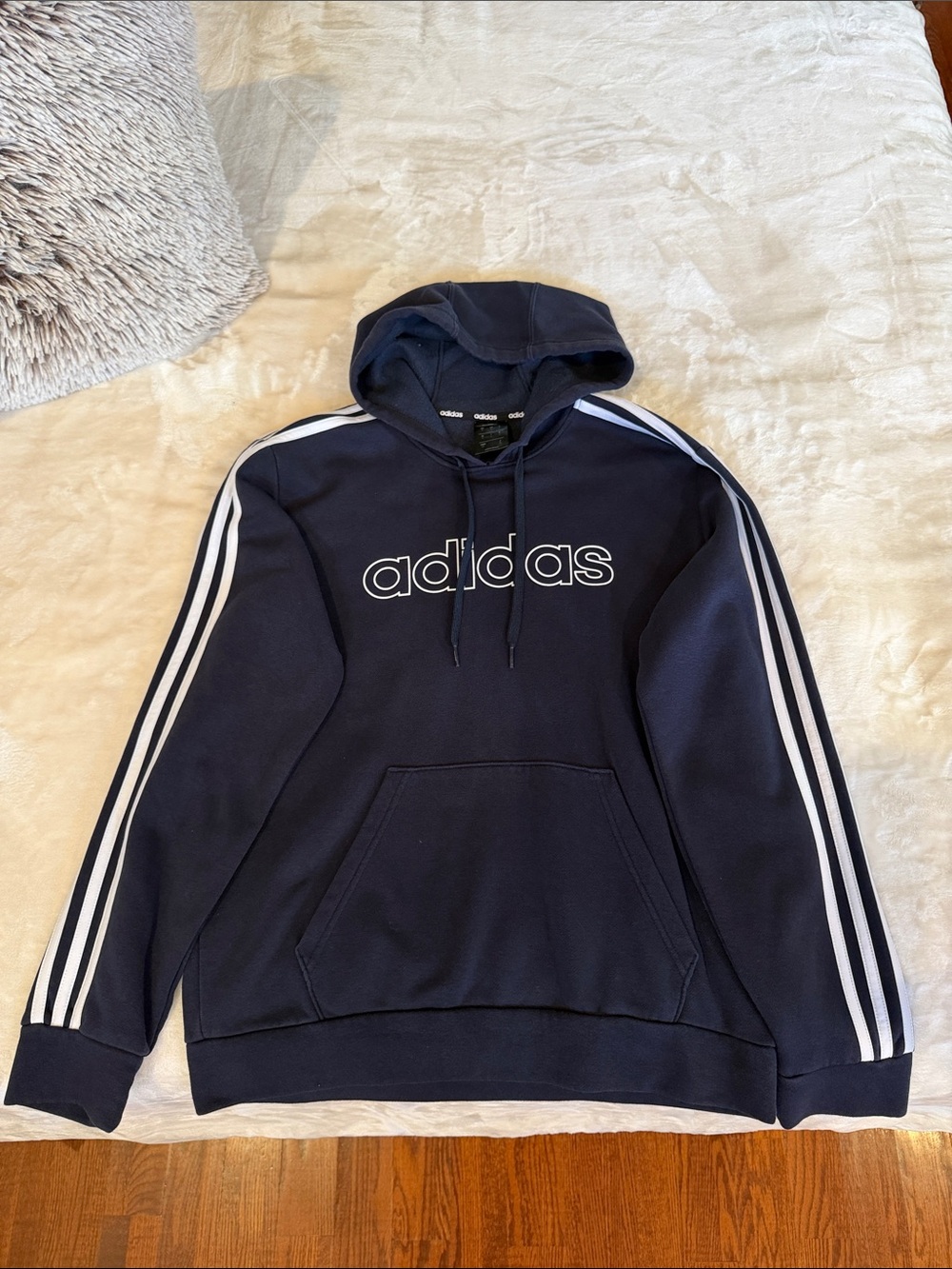 adidas Navy Pullover Hoodie with White Stripe Sleeve Detail